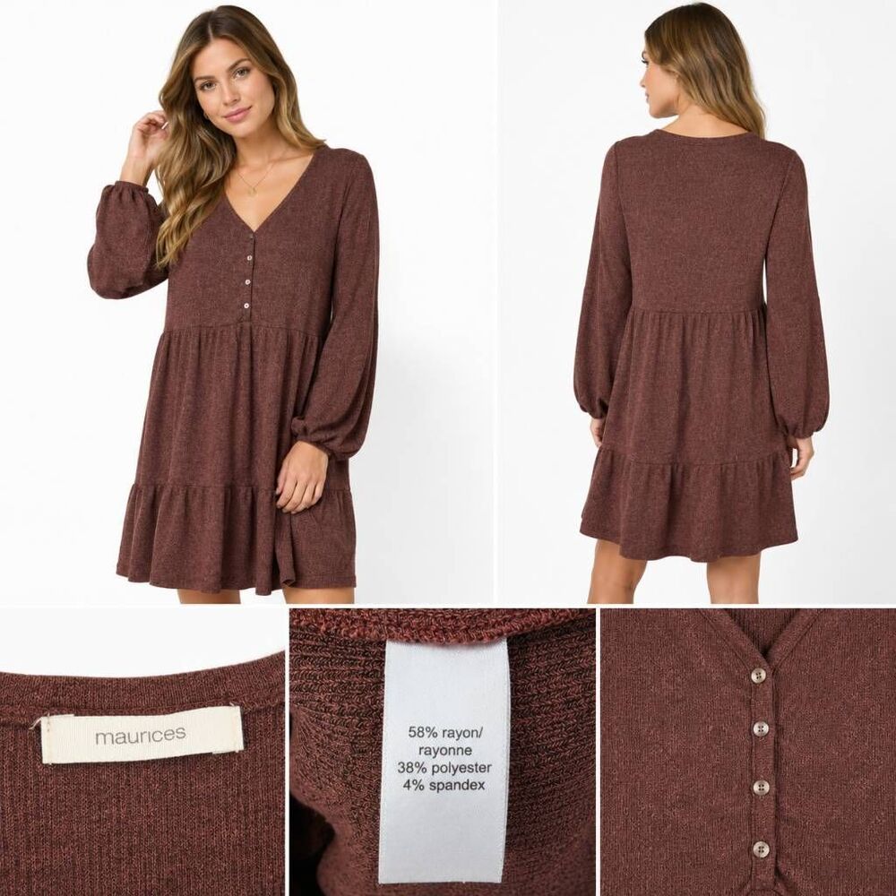 Maurices Brown Long Sleeve Tiered Knit Dress L